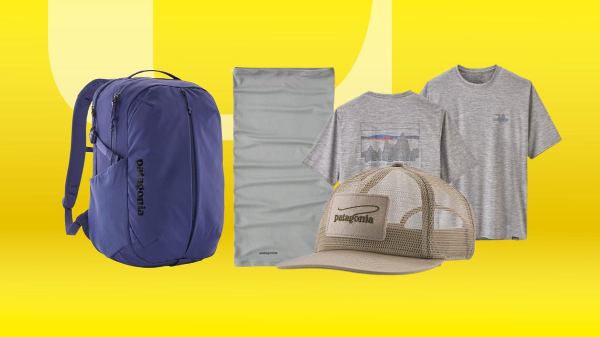 An assortment of Patagonia items on a yellow background.