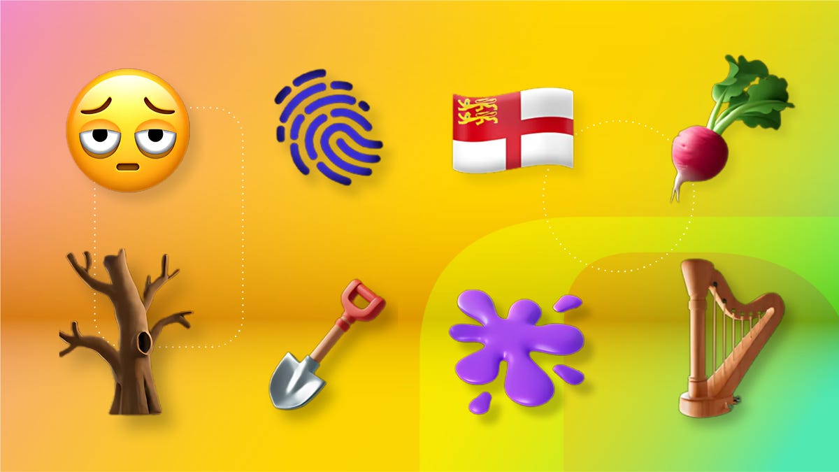 The latest emoji on your iPhone, including a tired looking smiley, a fingerprint, and a leafless tree.