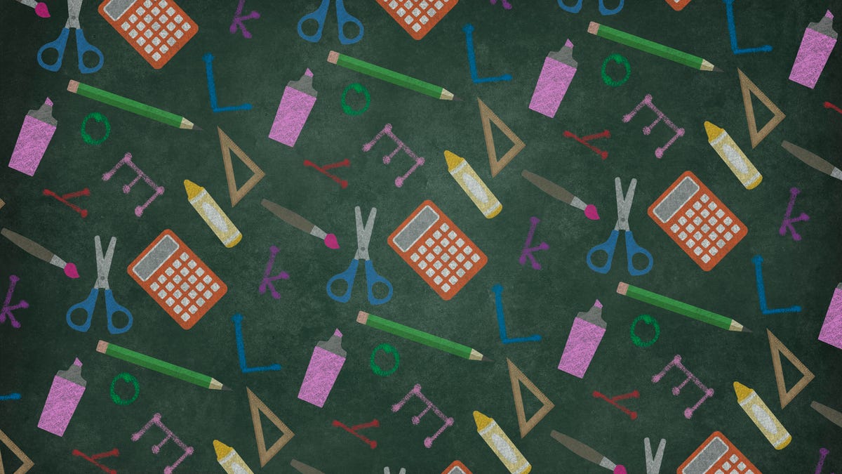 A repeating pattern of school supplies including pencils, calculators and scissors.