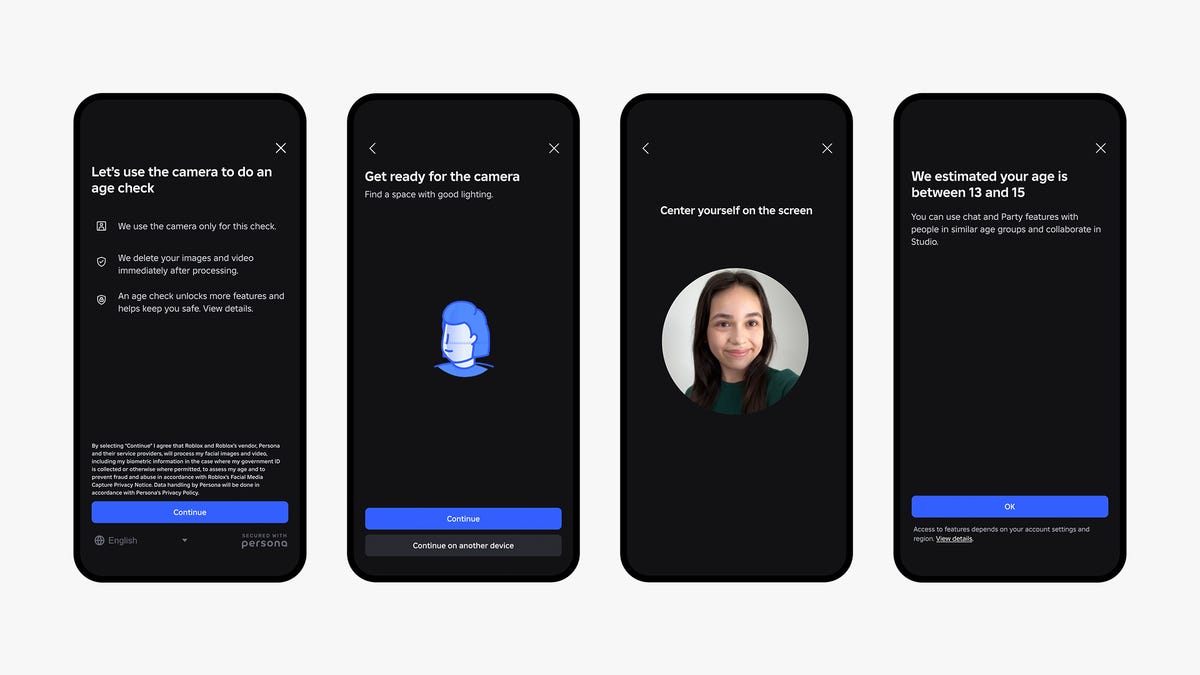 Four phone screens showing Roblox's age verification process