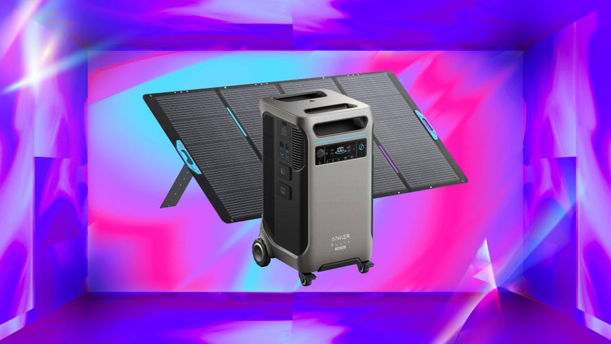 A gray power station and solar panel against a purple and pink gradient CNET background. 