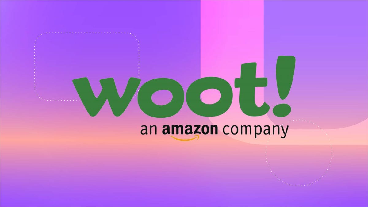 The "Woot" logo against a purple gradient CNET background.