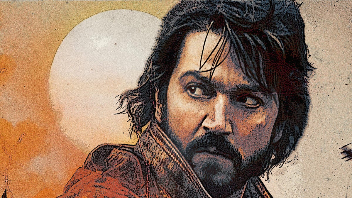 Cassian Andor looks over his shoulder, with the sun behind him