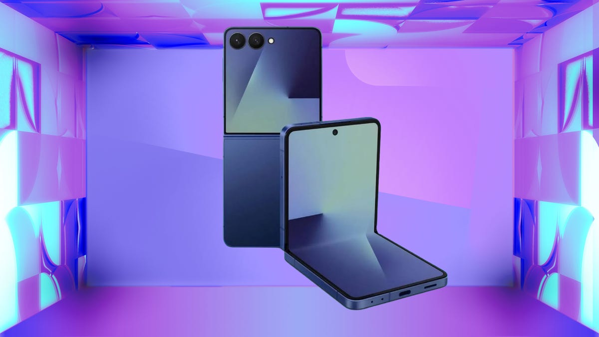 The Samsung Galaxy Z Flip 7 is shown on a purple and blue CNET Amazon Spring Sale background.