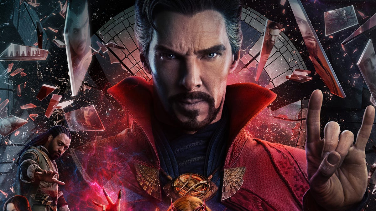 Benedict Cumberbatch, Elizabeth Olsen, Xochitl Gomez and Benedict Wong star in the poster for Marvel's Doctor Strange in the Multiverse of Madness.