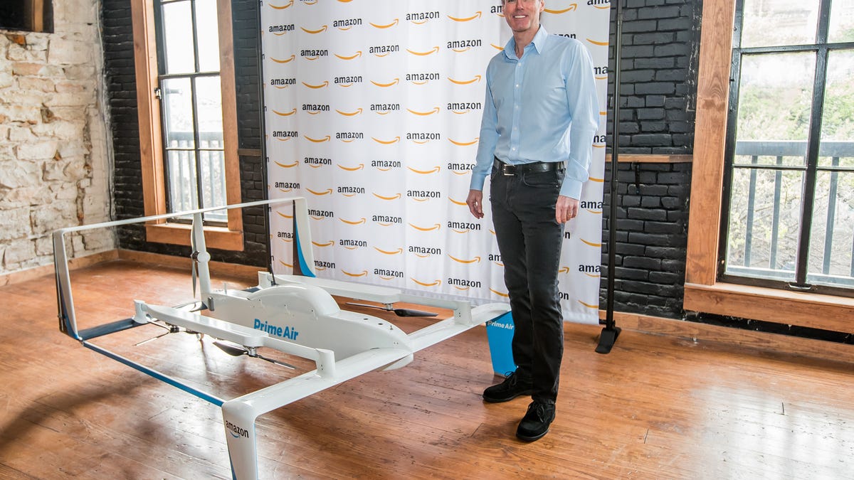 Misener showing off an Amazon delivery drone at SXSW 2017.