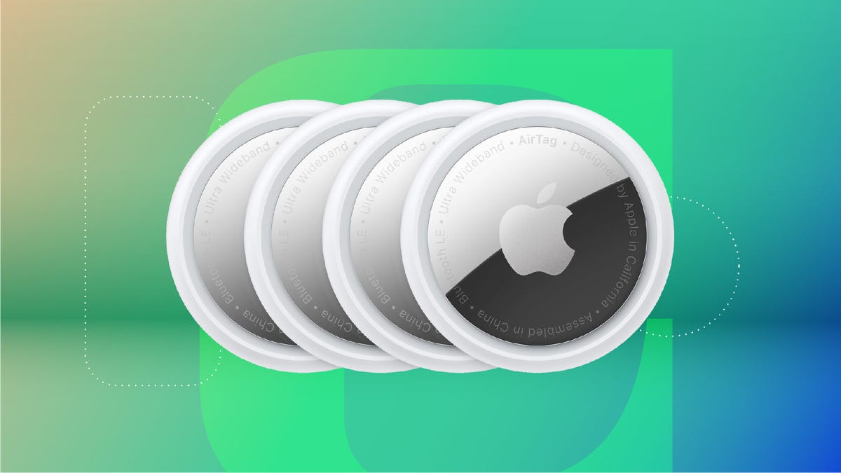 Apple Airtag four-pack on Labor Day red/blue background