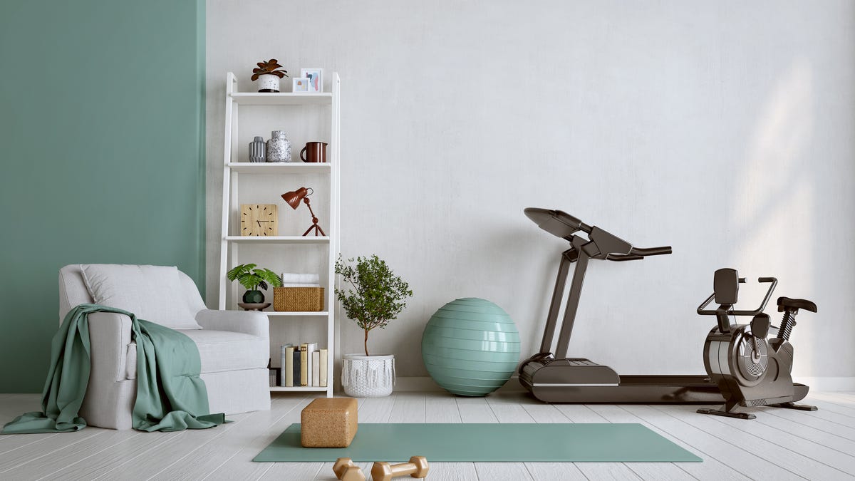 A home workout space with gym equipment
