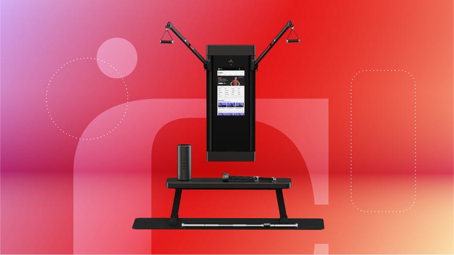 Tonal Exercise equipment product render on a red gradient background