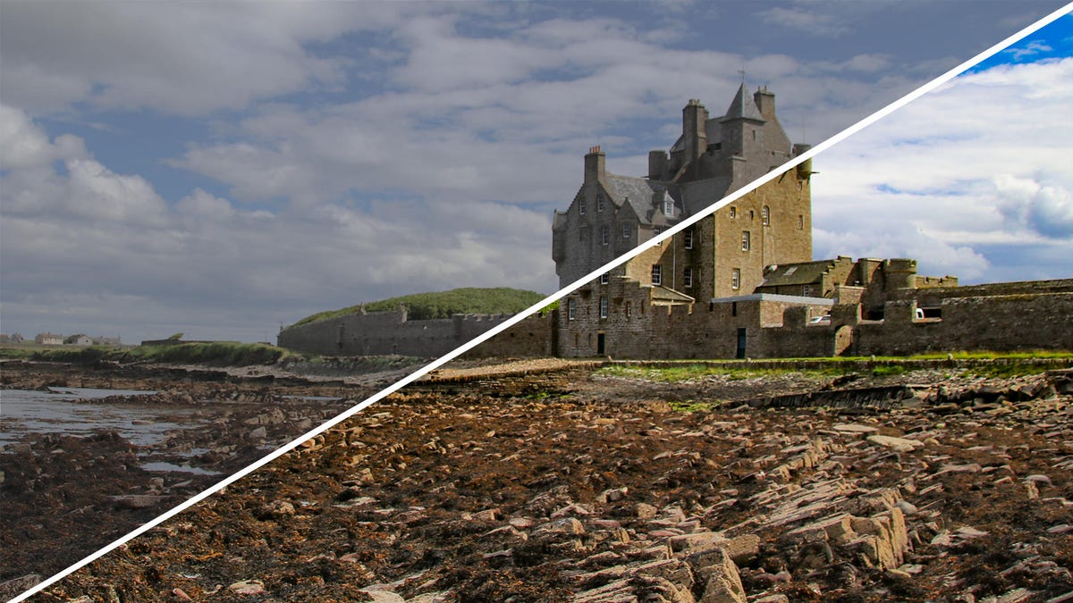 A Scottish castle on the edge of the sea demonstrating HDR and SDR.