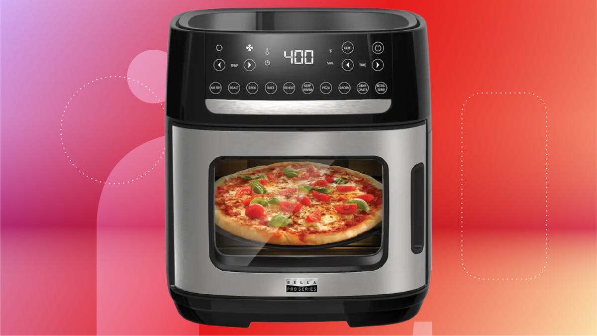 bella pro air-fryer pizza-oven is cooking a 10-inch pizza