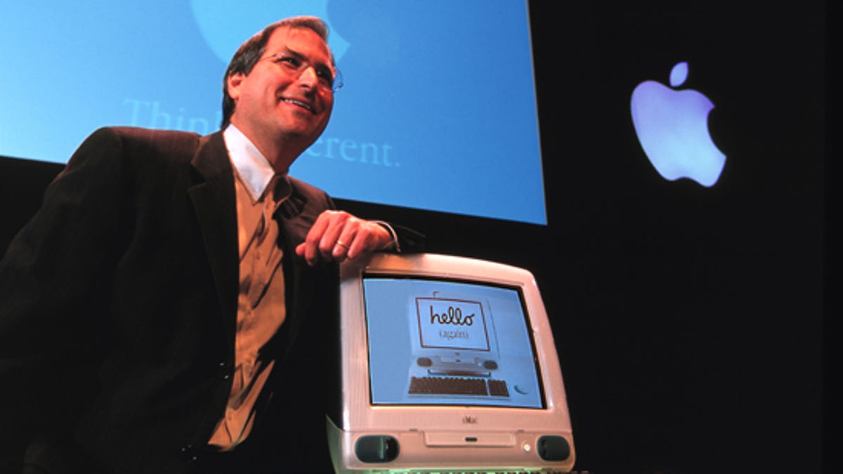 Jobs unveils the original iMac all-in-one design in 1998.
