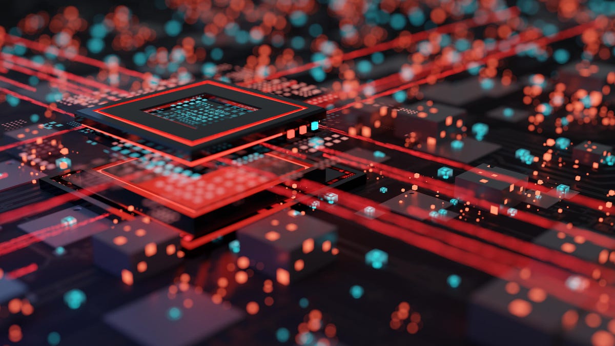 Digital illustration shows a circuit board that looks a bit like a street grid at night seen from above.