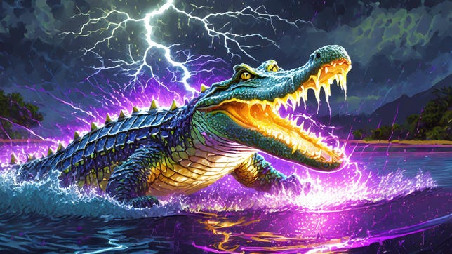 An AI-generated image of a crocodile with fierce teeth leaping out of some water as lightning strikes