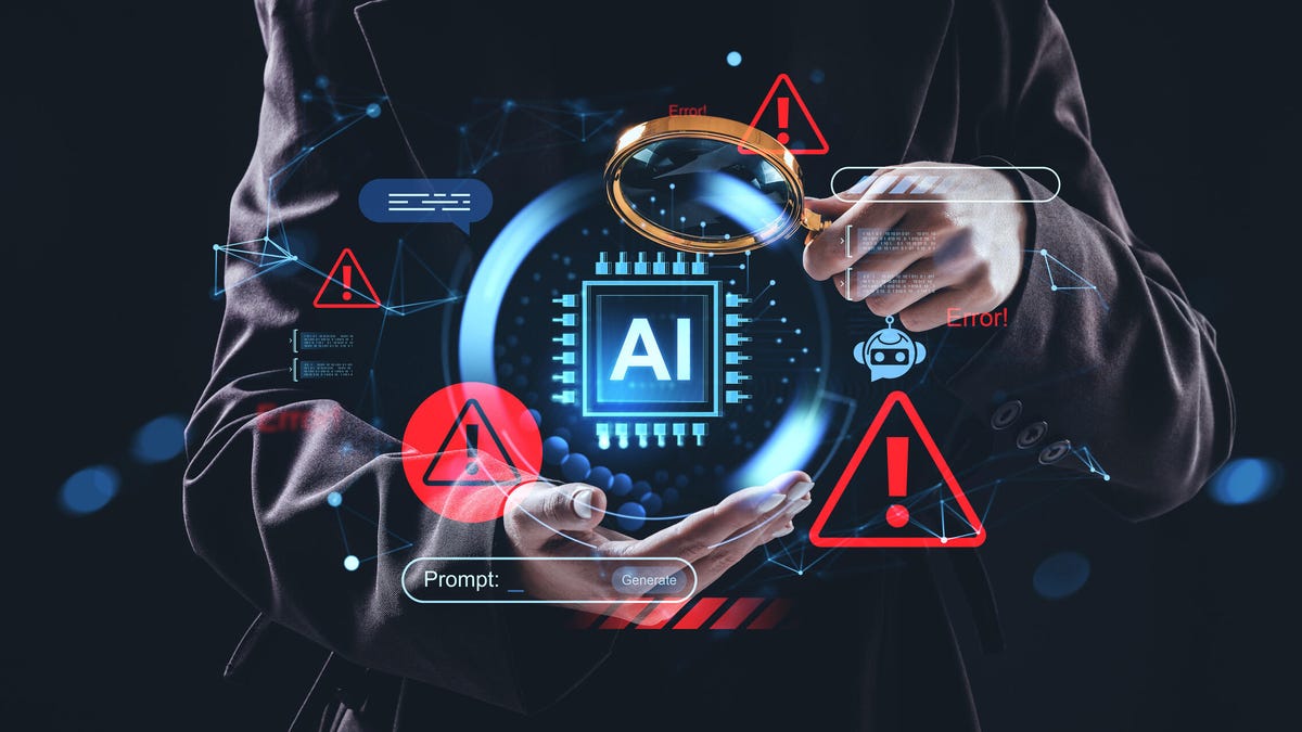 Person examining AI system with magnifying glass, digital circuit and error symbols