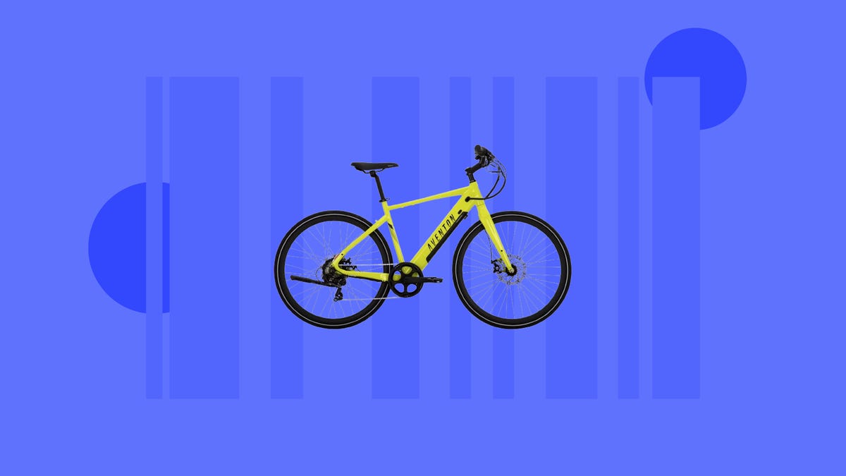 The Aventon 2 e-bike is displayed against a blue background.