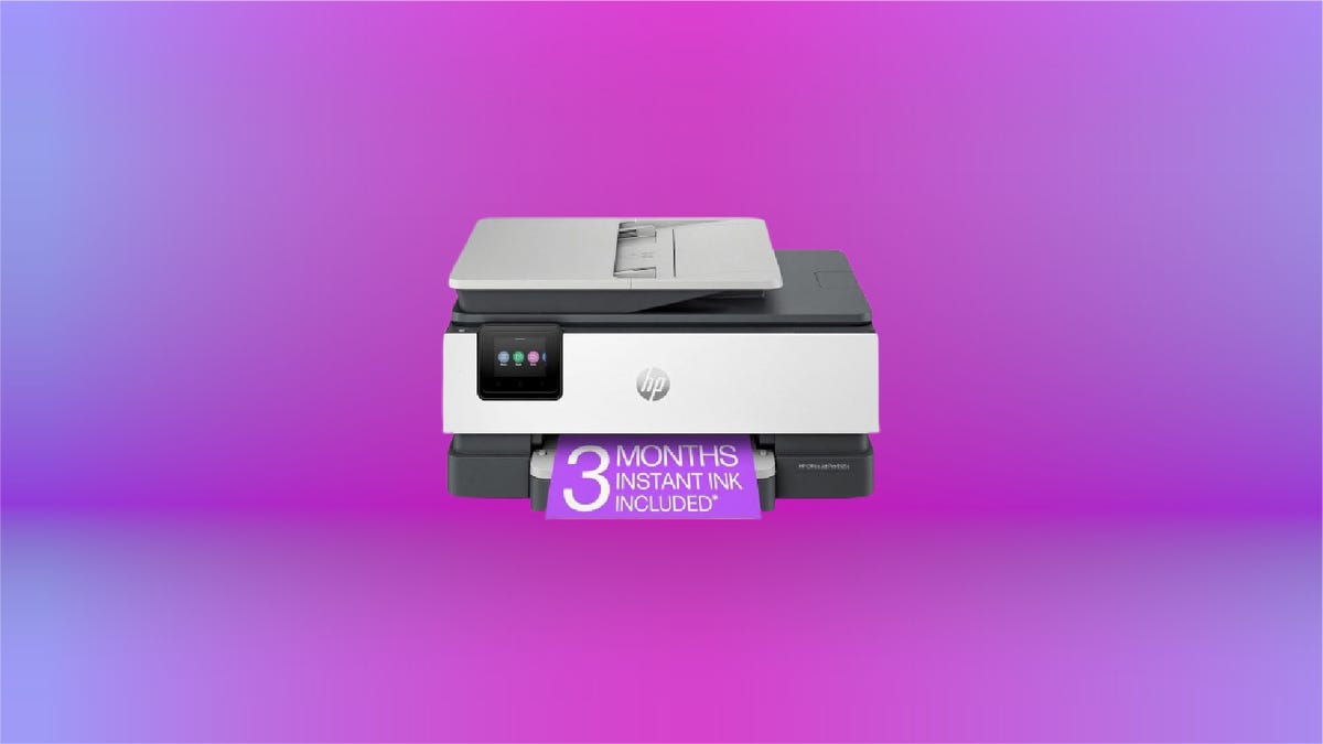 HP Printer OfficeJet 8125e on display against purple gradient background.