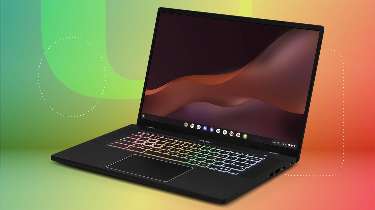 Acer Chromebook Plus 516 GE laptop open and facing to the left.