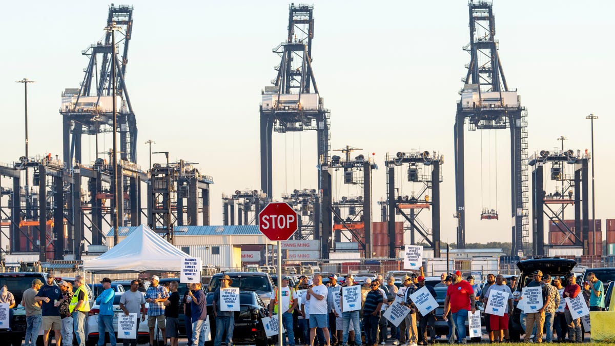 ILA workers with picket signs in front of container cranes