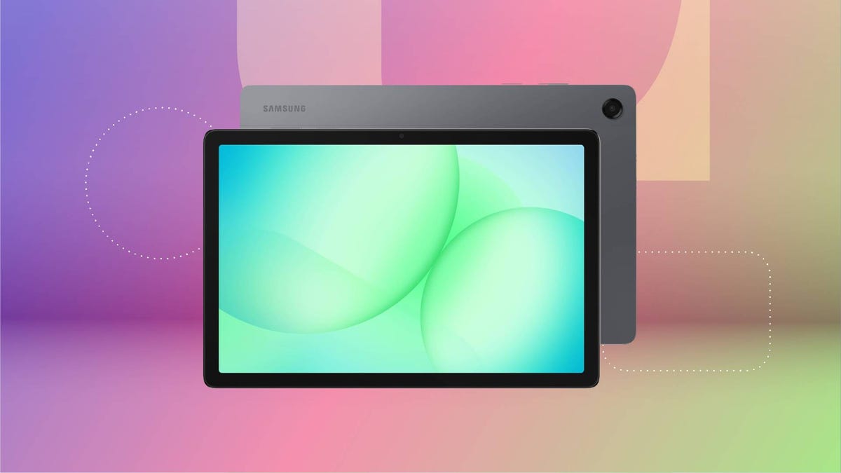 A gray tablet against a purple/pink gradient CNET background.
