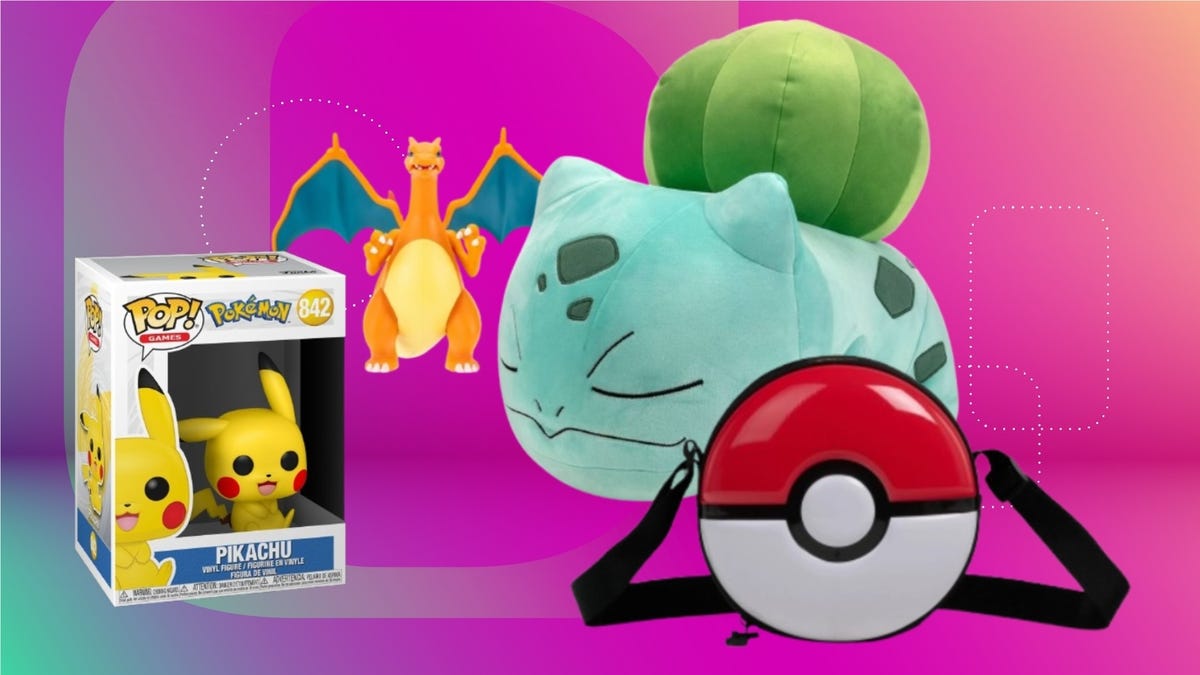 Pokemon merch, including Pikachu Funko toy, Poke Ball bag and other items, on display against CNET commerce background.