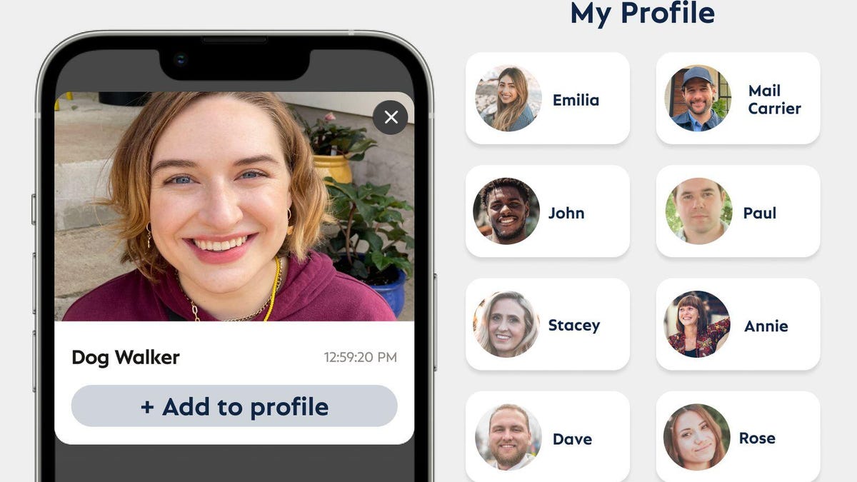 SimpliSafe friendly face profile example, showing how to add a dog walker face to the profile list.