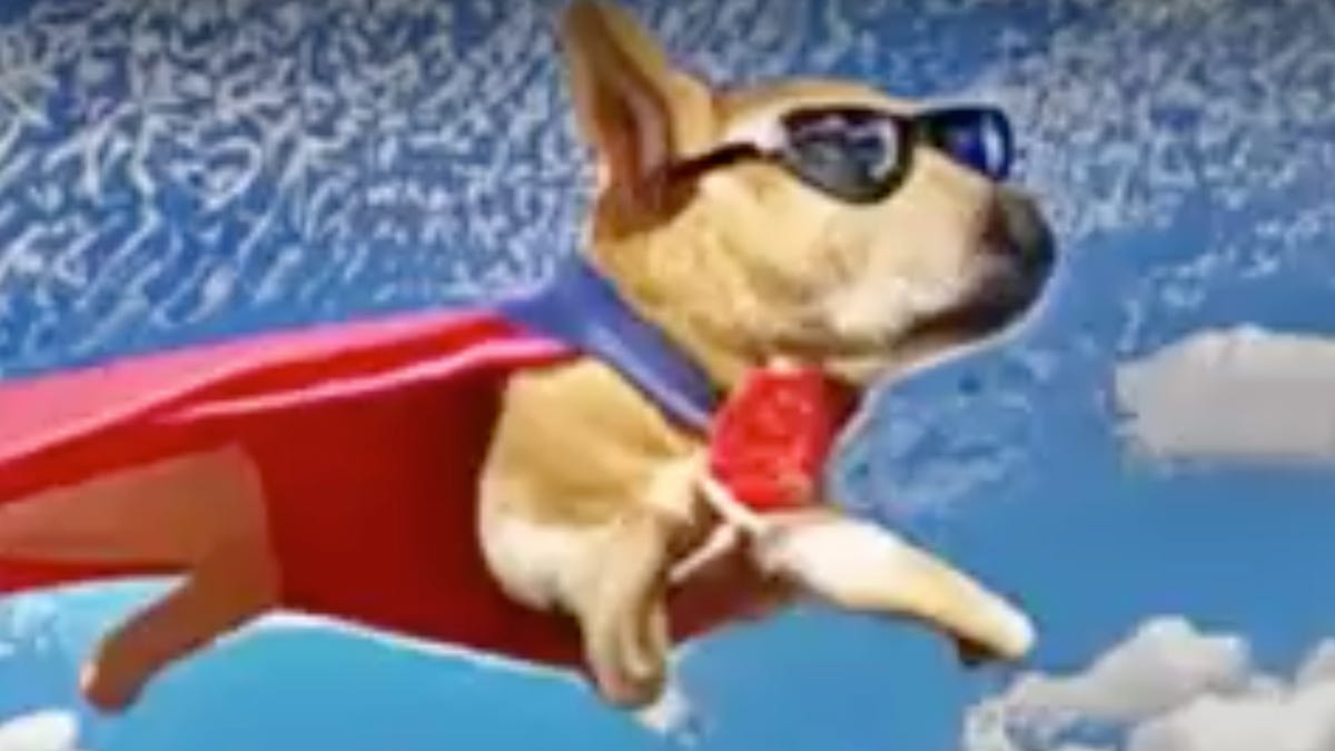 A video created by Meta's AI system shows a flying dog wearing sunglasses and a red cape.