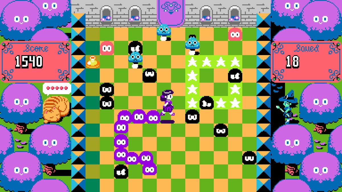 A retro game of a girl moving around a checkerboard finding little creatures