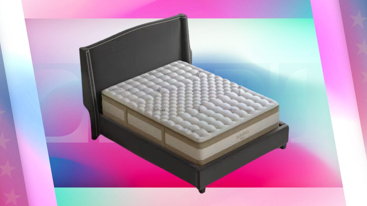 The Saatva Rx mattress is placed on a bed and both are displayed against a pink, blue and mint background.