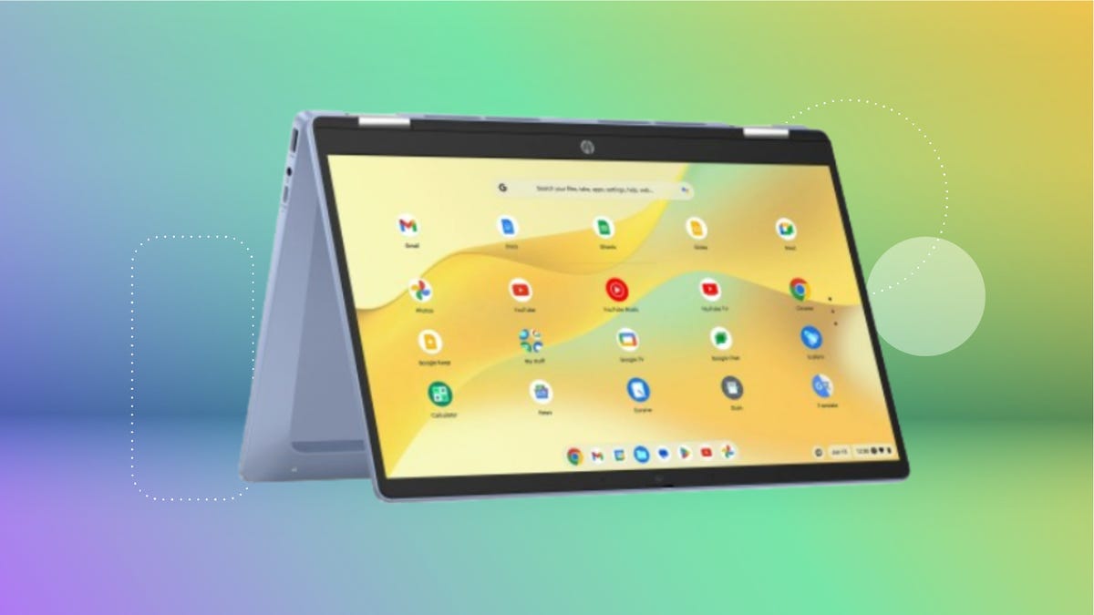 HP Chromebook x360 2-in-1 laptop displayed in tablet mode against a gradient purple, blue, green and yellow background