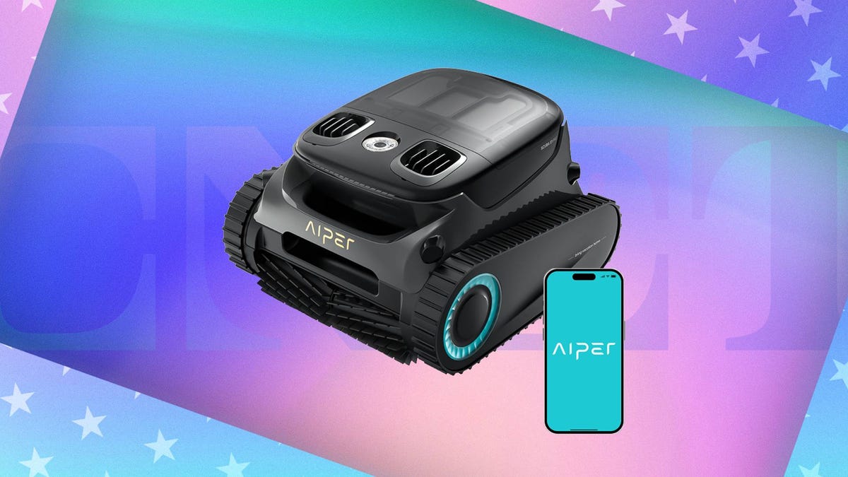 A black pool cleaner and smartphone agasint a puple and orange CNET background.