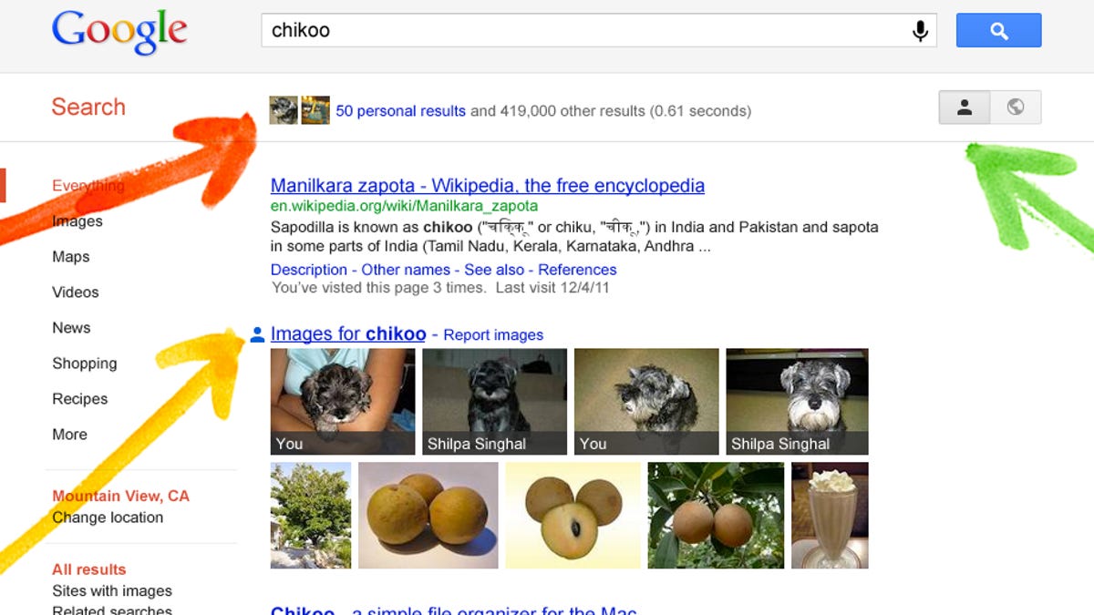 Google is adding the ability to search for personal results, including images in Picasa and Google+ posts. The green arrow points to the Personal Search icon for blended Web and personal results. The red arrow shows where the number of personal results is indicated. And the yellow arrow shows the personal image results.