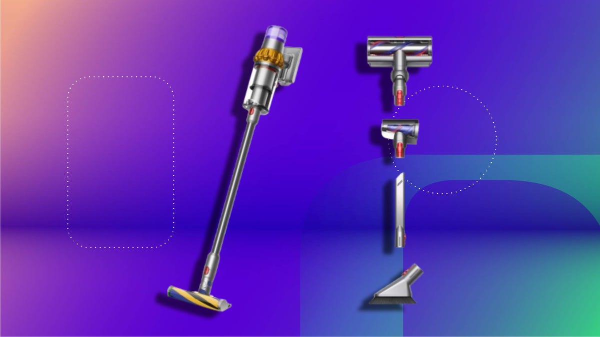 A Dyson cordless vacuum on a CNET background.