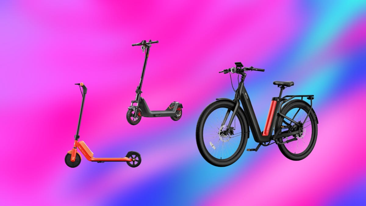Electric scooters and an e-bike displayed against a swirling background of sky blue and hot pink