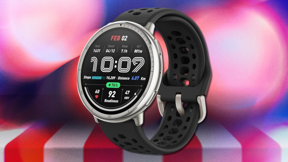 Amazfit Active 2 against CNET's presidents day commerce background.
