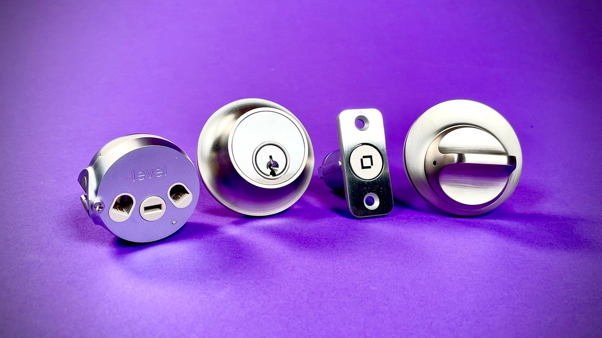 The deadolt, cylinder, thumbturn and exterior keyway of the Level Lock Plus against a purple background. It's Level's newest smart lock, and with Apple Home Key support and a built-in NFC radio, you can unlock it whenever your iPhone or Apple Watch is nea