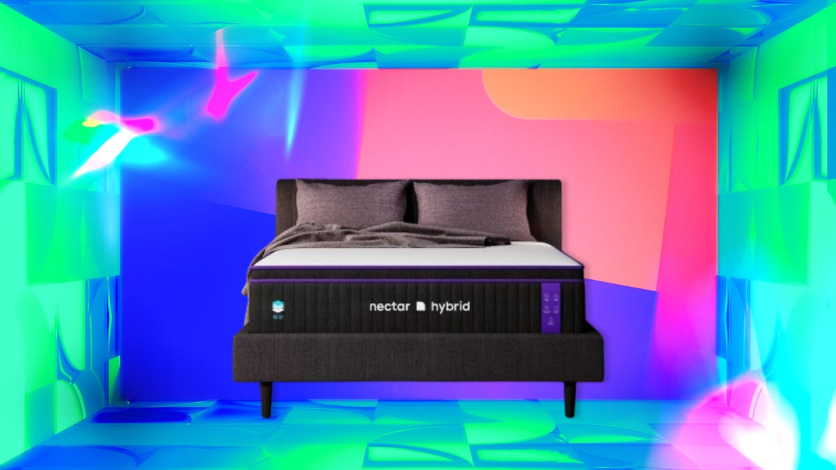 Black and white Nectar hybrid bed on a boxy multicolored CNET background