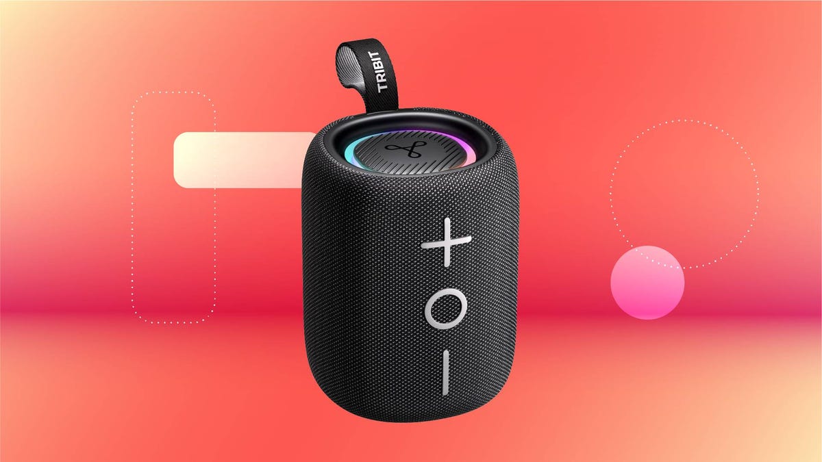 A black Bluetooth speaker against a red gradient CNET background.