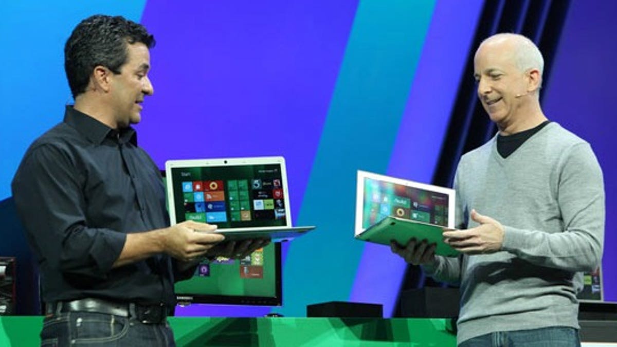 Microsoft's Michael Angiulo (left) and Steven Sinofsky show off Windows 8 at the company's Build conference this week.