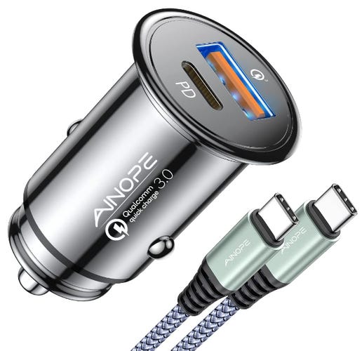 The Ainope Mini Fast USB car charger and USB-C cord in front of a white background. 