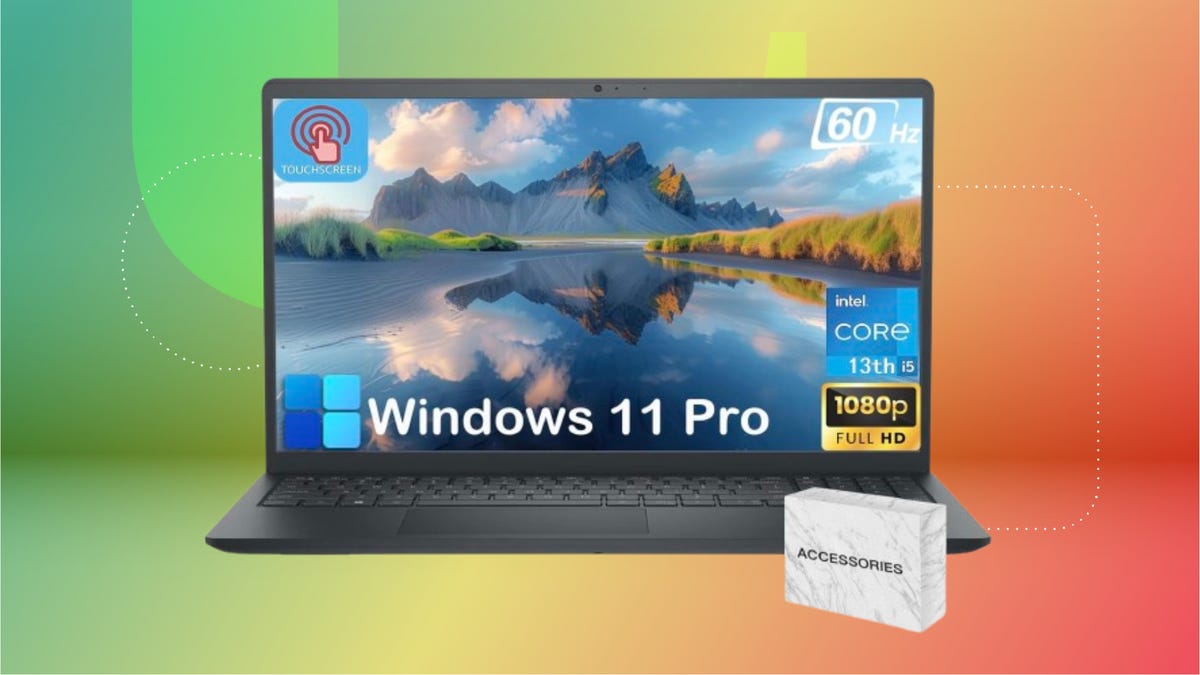 Black Dell laptop against red orange, green and yellow background.