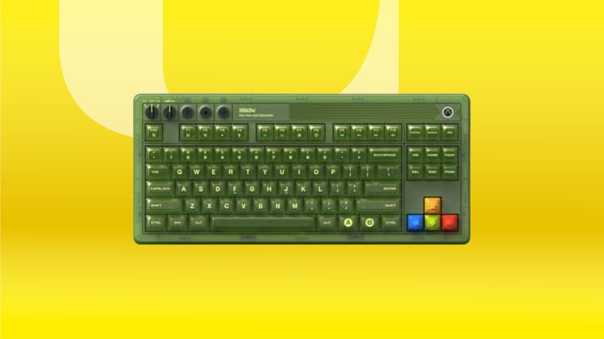 The officially licensed Xbox edition of the 8BitDo Retro 87 mechanical gaming keyboard is displayed against a gradient yellow background.