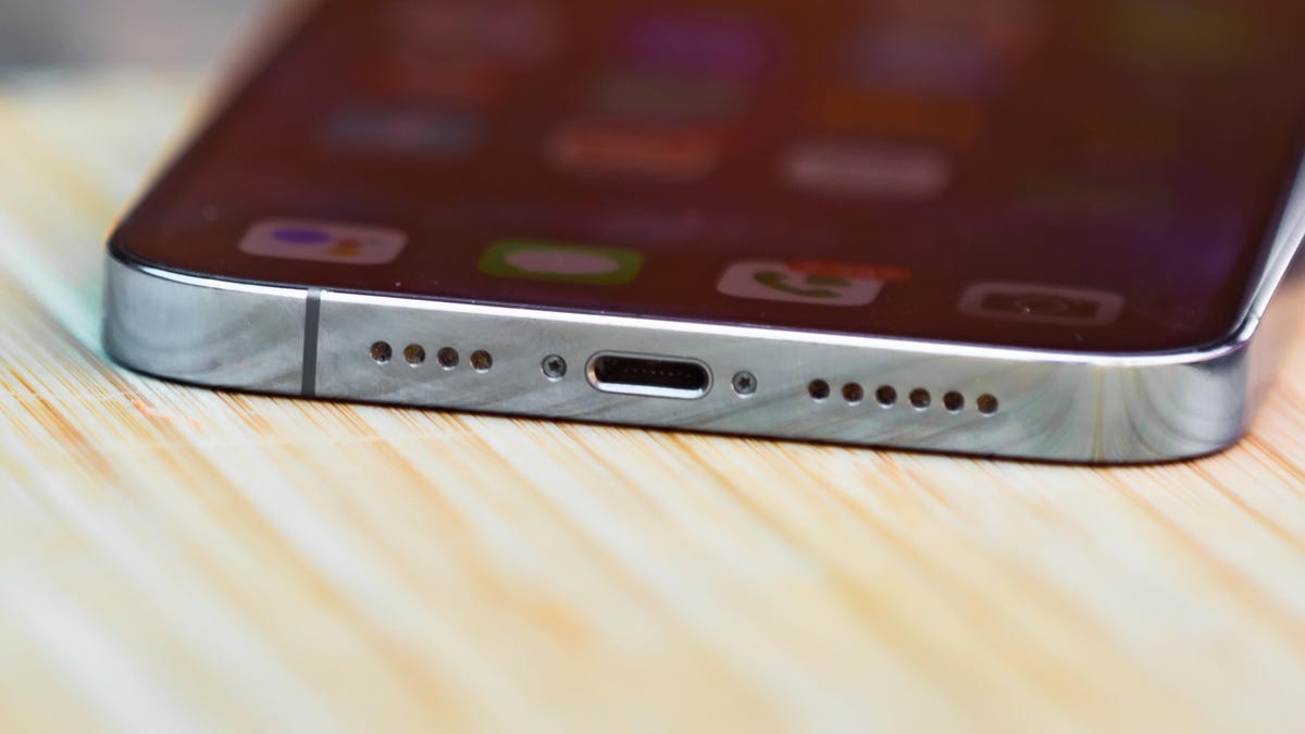 Close up view of the speakers on an iPhone 13 Pro