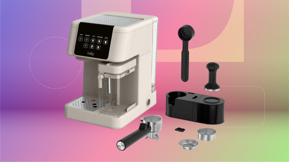 Bella Pro Expresso Machine with accessories on a purple and pink CNET background