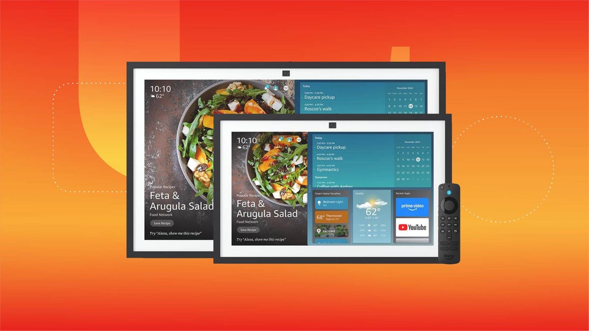 Two Amazon Echo Show smart displays and a remote against an orange gradient CNET background.