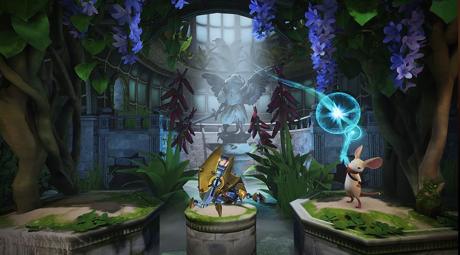 A mouse wields a sword in a cave in a scene from Moss 2 on Quest 2