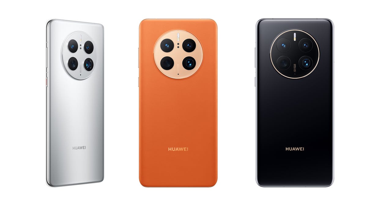 The Huawei Mate 50 Pro in silver, orange and black