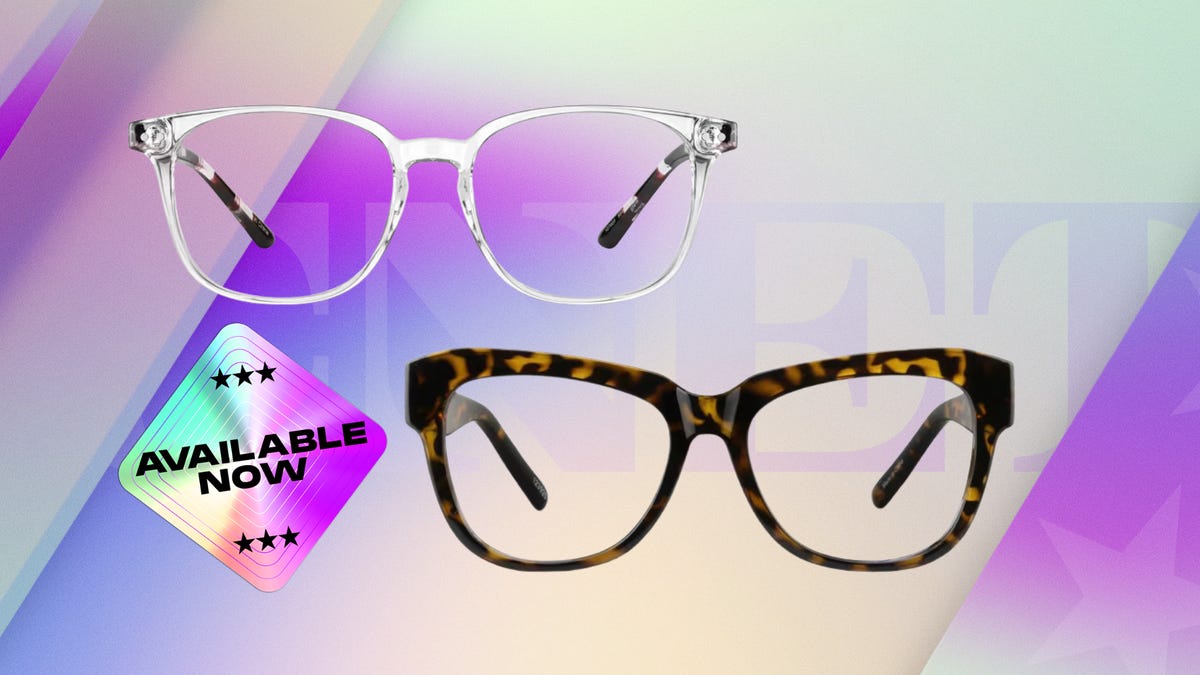 Top left: clear eyeglass frames, right: tortoiseshell square cat-eye frames. Background: purple and green gradient. From left: sticker with text saying "available now" in black text.