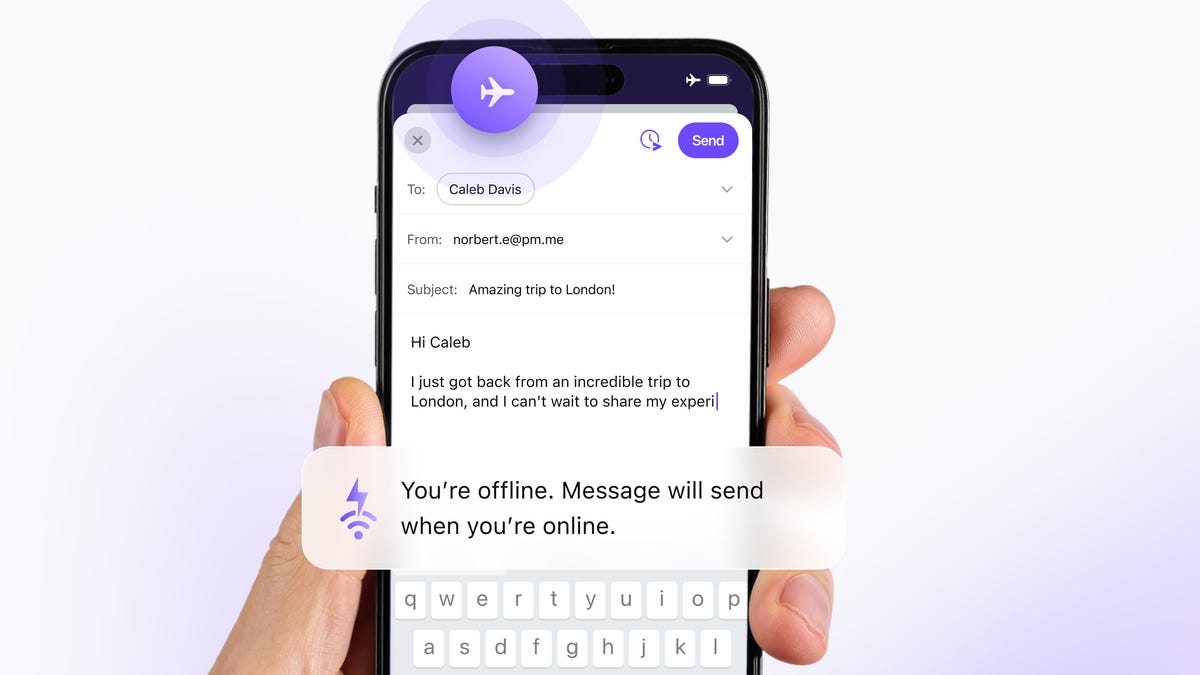 A phone showing expanded offline notification for Proton Mail app.