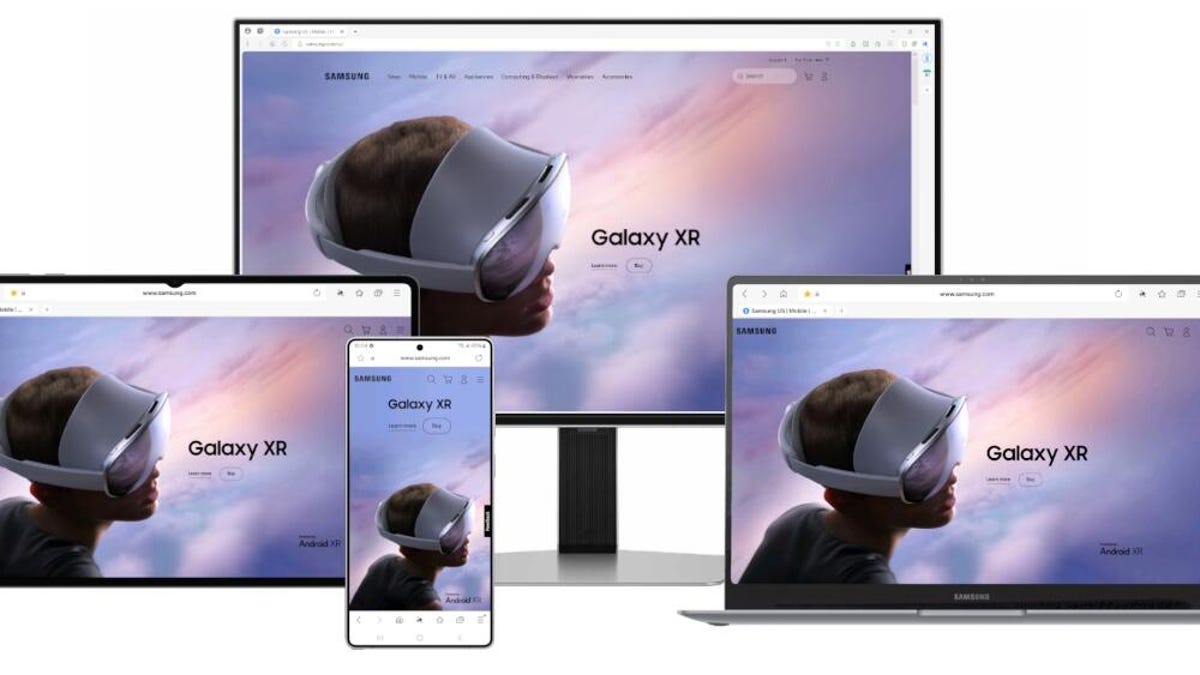 An image showing Samsung XR set on a Samsung browser on a phone, laptop, and desktop screen
